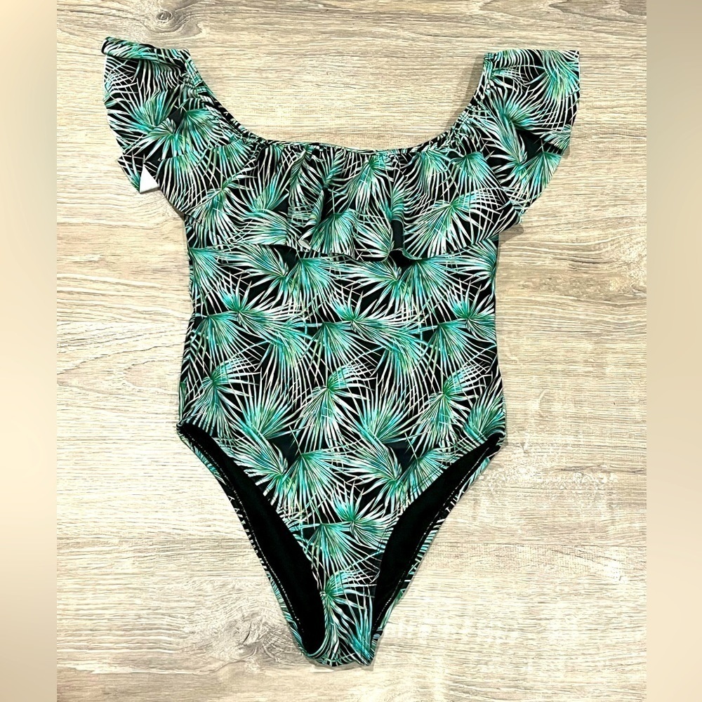 Cabana Del Sol Ruffled Off The Shoulder Swimsuit Womens Medium Black One Piece